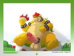  2016 3_toes 4_fingers absurd_res anthro balls big_balls border bowser bracelet circumcised claws cock_ring collar english_text hair half-closed_eyes hand_on_stomach hi_res holding_object humanoid_penis jewelry koopa_clown_car male mario_bros mushroom nintendo orange_scales outside overweight penis red_hair scales simple_background smirk solo text toes ursofofinho vein veiny_penis video_games white_background 