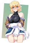  arm_warmers bare_shoulders blonde_hair blush bottomless breasts covering covering_crotch embarrassed green_eyes highres large_breasts mizuhashi_parsee no_panties ootsuki_wataru pointy_ears scarf scarf_removed short_hair solo touhou 