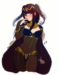  animated animated_gif black_hair black_nails blink blush bodystocking breasts cleavage cleavage_cutout fire_emblem hand_to_face jewelry long_hair looking_at_viewer nail_polish red_eyes see-through solo tharja two_side_up 