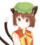  animal_ears blush brown_eyes brown_hair cat_ears cat_tail chen closed_mouth face hat jewelry long_sleeves mob_cap multiple_tails sebastian_(artist) shirt simple_background single_earring smile solo tail touhou turtleneck upper_body vest white_background 