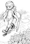  ambiguous_gender anthro boots bulge clothed clothing featureless_crotch footwear greyscale holding_object kappa kigoh-neko line_art looking_down monochrome nipples open_shirt outside puddle raincoat walking water 