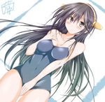  bare_shoulders black_hair blush breasts brown_eyes collarbone competition_school_swimsuit covered_navel covering covering_crotch ear hair_between_eyes hair_ornament hairband hairclip haruna_(kantai_collection) headgear highres kantai_collection long_hair medium_breasts mukouhara_shiryuu one-piece_swimsuit solo swimsuit 