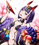  alcohol bare_shoulders black_hair cup fangs fate/grand_order fate_(series) flower horns japanese_clothes kimono midriff navel off_shoulder oni oni_horns open_mouth pouring purple_eyes sakazuki sake short_hair shuten_douji_(fate/grand_order) solo tsuyukiworks 