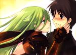  blush brown_eyes brown_hair elbow_gloves gloves green_eyes green_hair long_hair male photoshop sakai_yuuji scan shakugan_no_shana short_hair 