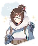  beads black-framed_eyewear blue_gloves brown_eyes brown_hair canister coat fur fur_collar fur_trim glasses gloves hair_bun hair_ornament hair_stick hands_up highres hyoon_(sockgyu) long_sleeves looking_at_viewer mei_(overwatch) overwatch short_hair sidelocks simple_background smile solo sparkle upper_body v white_background 