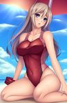  alisa_ilinichina_amiella beach blue_eyes blue_sky breasts cloud competition_swimsuit day god_eater highres large_breasts long_hair looking_at_viewer ocean one-piece_swimsuit outdoors sand silver_hair sky smile solo swimsuit watanuki_kaname water 