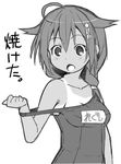  :o ahoge alternate_costume braid collarbone greyscale hair_flaps hair_ornament kantai_collection monochrome name_tag naz one-piece_swimsuit remodel_(kantai_collection) school_swimsuit shigure_(kantai_collection) single_braid solo swimsuit tan tanline translated 