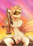  anthro breasts crutonart equine eyewear fan_character female goggles green_eyes gun hair horn looking_at_viewer mammal my_little_pony navel nipples nude pussy ranged_weapon unicorn weapon 