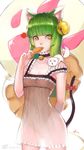  animal_ears ass_visible_through_thighs bangs bell bell_collar blunt_bangs breasts cat cat_ears cat_tail collar cowboy_shot crusaders_quest dress fang food frilled_dress frills green_hair highres hime_cut jingle_bell long_hair mew_(crusaders_quest) see-through_silhouette small_breasts solo squidsmith strap_slip tail taiyaki wagashi yellow_eyes 