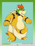  2016 absurd_res anthro belly big_penis bowser canvaskat claws cock_ring collar erection fangs glans hair hi_res horn humanoid_penis koopa looking_at_viewer male mario_bros nintendo orange_hair penis poking_out scalie simple_background slightly_chubby smirk solo spiked_bracelet spiked_collar standing towel uncut video_games 