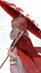  animal animal_on_shoulder brown_hair cat closed_eyes from_side highres japanese_clothes male_focus natsume_takashi natsume_yuujinchou nyanko oriental_umbrella snow snowing solo squidsmith umbrella 