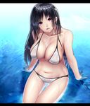  arm_support big.g bikini black_hair breasts cleavage collarbone highres large_breasts long_hair navel partially_submerged purple_eyes smile solo swimsuit water wet white_bikini 