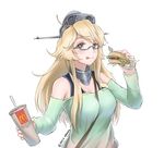  :q alternate_costume bangs bespectacled between_breasts blonde_hair blue_eyes blush breasts casual cup disco_brando drinking_straw food glasses hair_between_eyes hamburger headgear holding holding_food iowa_(kantai_collection) kantai_collection large_breasts long_hair long_sleeves looking_at_viewer mcdonald's off-shoulder_shirt product_placement semi-rimless_eyewear shirt smile solo star star-shaped_pupils swept_bangs symbol-shaped_pupils tongue tongue_out under-rim_eyewear upper_body 