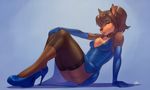  2016 anthro blue_background bottomless breasts brown_fur brown_hair brown_nose butt canine clothed clothing collar doberman dog dress english_text female fur hair half-closed_eyes high_heels legwear looking_at_viewer mammal open_mouth pose rajii signature simple_background sitting solo teeth text tongue 