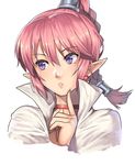  bangs blush braid cape choker chrono_trigger earrings finger_to_face flea_(chrono_trigger) high_ponytail jewelry long_hair looking_to_the_side nagase_haruhito open_mouth pink_hair pointy_ears ponytail portrait purple_eyes simple_background single_braid solo white_background 