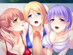  all_fours bare_arms bare_shoulders blonde_hair blue_bra blue_eyes blue_panties bra breasts brown_hair censored character_request cleavage disembodied_penis eyebrows eyebrows_visible_through_hair game_cg harem highres large_breasts long_hair looking_at_viewer mashouki_tiruana_haramase_saimin mosaic_censoring multiple_girls open_mouth panties parted_lips penis ponytail pov purple_eyes purple_hair red_bra saxasa short_hair sweat underwear yellow_eyes 