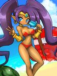  alternate_hairstyle beach bikini blue_eyes bracer breasts choker cleavage commentary_request dakusuta dark_skin earrings food forehead_jewel fruit highres hoop_earrings jewelry long_hair medium_breasts navel pointy_ears popsicle purple_hair red_bikini shantae_(character) shantae_(series) smile squid_baron stick strapless swimsuit tiara twintails v very_long_hair watermelon 