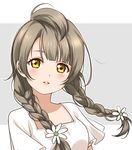  alternate_hairstyle braid brown_hair clouble daisy flower hair_flower hair_ornament highres lips long_hair looking_at_viewer love_live! love_live!_school_idol_project minami_kotori parted_lips shirt simple_background solo twin_braids upper_body white_shirt yellow_eyes 