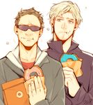  avengers:_age_of_ultron brown_hair clint_barton doughnut eating facial_hair food kyosuke male_focus marvel multiple_boys pietro_maximoff silver_hair stubble sunglasses white_hair 