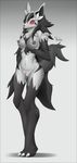  2016 abstract_background absurd_res anthro anthrofied areola big_breasts black_fur black_tail breasts canine claws clitoris crossed_legs digital_media_(artwork) english_text erect_nipples female fur grey_fur grey_nipples grey_pussy hi_res looking_at_viewer mammal mightyena navel nintendo nipples nude pok&eacute;mon pok&eacute;morph pubes pussy red_eyes signature simple_background slit_pupils solo standing text toe_claws video_games voider_(artist) white_background yellow_sclera 
