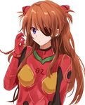  :/ aosaki_yukina bangs blue_eyes bodysuit bracer breasts brown_hair closed_mouth commentary evangelion:_3.0_you_can_(not)_redo eyepatch gloves hair_over_one_eye hand_up headgear long_hair looking_at_viewer neon_genesis_evangelion number pilot_suit plugsuit rebuild_of_evangelion shikinami_asuka_langley simple_background small_breasts solo souryuu_asuka_langley tape turtleneck two_side_up upper_body white_background 