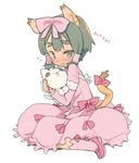  animal_ears blade_(galaxist) commentary_request dark_skin dress eyebrows fang full_body green_hair hannah_blaze mary_janes pop-up_story shoes solo stuffed_animal stuffed_toy tail tiger_ears tiger_girl tiger_tail translation_request white_background 