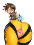  :o anus ass ass_focus belt bodysuit bomber_jacket brown_eyes brown_hair censored earrings goggles jacket jewelry open_mouth orange_bodysuit overwatch pubic_hair pussy simple_background solo thighs torn_clothes tracer_(overwatch) white_background zetxsuna 