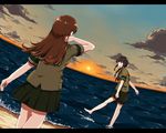  any_(lucky_denver_mint) bangs bare_legs barefoot beach black_hair blouse blue_eyes blunt_bangs braid brown_hair brown_skirt cloud cloudy_sky cowboy_shot dutch_angle from_behind hand_in_hair hand_up highres kantai_collection kitakami_(kantai_collection) letterboxed long_hair multiple_girls neckerchief ocean ooi_(kantai_collection) open_mouth outdoors pleated_skirt pouch sand school_uniform serafuku shiny shiny_hair short_sleeves single_braid skirt sky sleeve_cuffs smile standing sun sunset wading walking water 