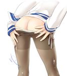  ass black_legwear from_behind hand_on_own_ass kantai_collection leaning_forward long_sleeves lower_body out_of_frame panties panty_pull pantyhose school_uniform serafuku side-tie_panties sleeves_past_wrists solo thighs tokitsukaze_(kantai_collection) underwear white_panties yuzuki_yuno 