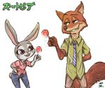  1girl arm_behind_back brown_fur brown_pants buck_teeth bunny bunny_tail chamaji collared_shirt commentary denim fang food fox fox_tail furry green_eyes green_shirt grey_fur grin hand_on_hip jeans judy_hopps necktie nick_wilde pants plaid plaid_shirt popsicle purple_eyes shirt simple_background slacks sleeves_rolled_up smile striped striped_neckwear tail translated zootopia 
