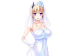  bare_shoulders blonde_hair blush breasts bridal_veil bride character_request cleavage cowboy_shot demon_girl earrings eyebrows eyebrows_visible_through_hair flower game_cg gloves hair_flower hair_up hand_on_hip highres horns large_breasts long_hair looking_at_viewer mashouki_tiruana_haramase_saimin parted_lips purple_eyes saxasa simple_background smile solo standing strapless upper_body wedding_dress white_background white_gloves 