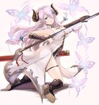  blue_eyes boots braid breasts bug butterfly butterfly_hair_ornament draph eko error granblue_fantasy hair_ornament hairclip highres horns insect kneeling large_breasts long_hair looking_at_viewer narmaya_(granblue_fantasy) ootachi parted_lips pink_hair pointy_ears simple_background solo sword thighs weapon white_background 