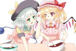  :p apron bowl chocolate chocolate_making chocolate_on_face chocolate_on_fingers counter flandre_scarlet food food_on_face green_eyes hat hat_ribbon heart highres komeiji_koishi looking_at_another mob_cap multiple_girls one_eye_closed pointy_ears red_eyes ribbon short_hair silver_hair simple_background sleeves_rolled_up spatula stirring third_eye tongue tongue_out touhou white_background wings yossy_(yossy1130) 