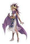  absurdres atem bad_id bad_pixiv_id blonde_hair breasts cape center_opening dress earrings full_body genderswap genderswap_(mtf) gold highres jewelry long_hair looking_at_viewer maruchi millennium_puzzle multicolored_hair purple_eyes simple_background small_breasts solo spiked_hair white_background white_dress yuu-gi-ou yuu-gi-ou_duel_monsters 