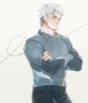 avengers:_age_of_ultron crossed_arms facial_hair grey_hair heart heart_of_string highres kyosuke male_focus marvel pietro_maximoff solo stubble sweater white_hair 