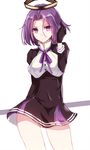  &gt;:) adjusting_hair aosaki_yukina black_gloves commentary_request cowboy_shot dress gloves hair_intakes kantai_collection looking_at_viewer mechanical_halo neck_ribbon polearm purple_eyes purple_hair purple_ribbon ribbon short_hair simple_background smile solo tatsuta_(kantai_collection) v-shaped_eyebrows weapon white_background 