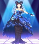  antenna_hair bare_shoulders black_hair black_skirt blush breasts character_request cleavage double_bun dress eyebrows eyebrows_visible_through_hair fingerless_gloves full_body game_cg hair_ornament highres large_breasts light long_hair long_skirt looking_at_viewer nishimata_aoi ookura_resona otome_riron_to_sonogo_no_shuuhen:_belle_&eacute;poque otome_riron_to_sonogo_no_shuuhen:_belle_ã©poque purple_eyes serious simple_background skirt solo standing strapless suzuhira_hiro veil 