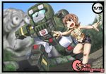  1girl autobot dress forest glowing glowing_eyes grass hound_(transformers) insignia kamizono_(spookyhouse) machinery mecha miniskirt nature open_mouth original panties rock running short_dress short_hair skirt smile spany_witwicky transformers underwear 