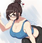  beads black-framed_eyewear breasts brown_hair cleavage glasses hair_bun hair_ornament hair_stick highres hot large_breasts leaning_forward looking_at_viewer mei_(overwatch) moisture_(chichi) overwatch plump short_hair solo sweat tank_top thighs tied_hair 