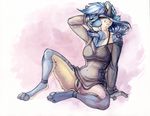  2016 anthro armpits bottomless bra clothed clothing fangs feline female mammal pinup pose pussy ruaidri saber-toothed_cat solo translucent transparent_clothing underwear 