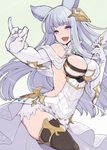 :d animal_ears bangs bare_shoulders black_legwear blue_eyes breasts cat_ears elbow_gloves erune gloves granblue_fantasy hair_ornament hanauna highres korwa large_breasts long_hair looking_at_viewer mismatched_legwear open_mouth quill silver_hair simple_background smile solo thighhighs thread white_gloves white_legwear 