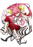  animal_ears bags_under_eyes blazblue bow bracelet breasts candy capri_pants cat_ears cat_tail food frown full_body glasses hair_bow highres jewelry kokonoe lollipop long_hair multiple_tails navel nirugeruge pants pince-nez pink_hair ponytail red_pants shoes slit_pupils small_breasts solo tail transparent_background two_side_up wide_sleeves wrench yellow_eyes 