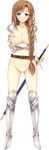  absurdres armor armored_boots belt belt_buckle boots braid breast_hold breasts buckle green_eyes highres koikishi_purely_kiss kuninaka_kaori long_hair long_sword medium_breasts navel nipples no_bra no_panties no_pussy simple_background smile solo sword weapon white_background yuuki_hagure 
