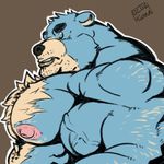  abs anthro bear biceps black_nose blue_eyes blue_fur bluekumabox body_hair chest_hair clothed clothing facial_hair fur looking_at_viewer male mammal manly muscular muscular_male nipples nude pecs simple_background smile solo teeth topless vein white_fur 