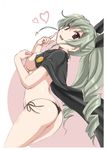  :d anchovy arched_back areola_slip areolae ass bangs black_panties black_ribbon border breasts cape covering_nipples cowboy_shot drill_hair eyebrows eyebrows_visible_through_hair finger_to_cheek flat_ass from_side girls_und_panzer green_hair hair_between_eyes hair_ribbon hand_on_breast heart highres large_breasts long_hair looking_at_viewer open_mouth panties red_background red_eyes ribbon side-tie_panties sideboob smile solo topless twin_drills twintails two-tone_background underwear wan'yan_aguda white_background white_border 