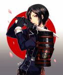  armor black_gloves black_hair brown_eyes cherry_blossoms gloves hakuri holding holding_weapon japanese_armor japanese_flag looking_at_viewer male_focus military military_uniform parted_lips petals scissors shoulder_armor sode solo tantou touken_ranbu uniform weapon yagen_toushirou 