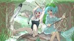  armpits bare_legs barefoot blue_eyes blue_hair character_name crossover e_mishi fishing fishing_rod forest grass hair_bobbles hair_ornament hair_ribbon hat i-19_(kantai_collection) kantai_collection kawashiro_nitori looking_to_the_side multiple_girls nature open_mouth outdoors red_eyes ribbon school_swimsuit sitting_on_rock sketch skirt skirt_set stream swimsuit torpedo touhou twintails two_side_up 