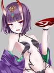  :d alcohol bangs bare_shoulders blunt_bangs bob_cut breasts clothes_down collarbone cowboy_shot cup eyebrows eyebrows_visible_through_hair fate/grand_order fate_(series) grey_background highres holding horns japanese_clothes jewelry jitome kimono looking_at_viewer navel oni oni_horns open_mouth pale_skin purple_eyes purple_hair revealing_clothes sakazuki sake short_hair shuten_douji_(fate/grand_order) simple_background slit_pupils small_breasts smile solo templus thick_eyebrows 