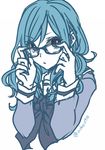  adjusting_glasses astasso blue blue_eyes blue_hair fairy_tail female flat_color glasses juvia_loxar monochrome partially_colored ribbon school_uniform short_hair solo tied_hair twintails white_background 