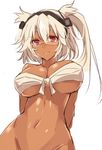  &gt;:) aosaki_yukina arms_behind_back bottomless breasts budget_sarashi cleavage commentary_request dark_skin glasses hair_between_eyes headgear kantai_collection large_breasts looking_at_viewer musashi_(kantai_collection) navel no_panties out-of-frame_censoring pointy_hair red_eyes sarashi semi-rimless_eyewear short_hair_with_long_locks simple_background smile solo two_side_up under-rim_eyewear underboob v-shaped_eyebrows white_background white_hair 